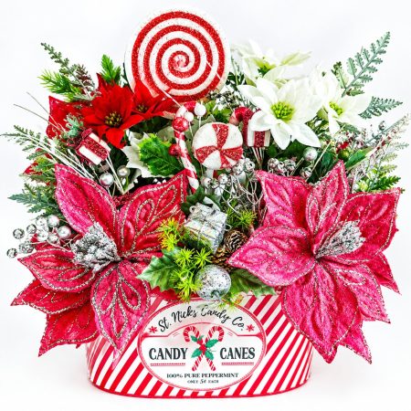 Christmas Pink Candy Cane Poinsettia Display in Striped Planter