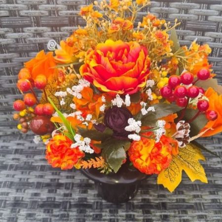 Autumn Sun, Orange Faux Flower Autumn Grave Pot