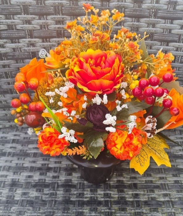 Autumn Sun, Orange Faux Flower Autumn Grave Pot