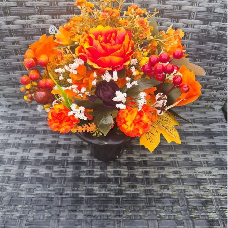 Autumn Sun, Orange Faux Flower Autumn Grave Pot