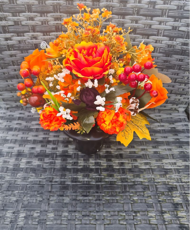 Autumn Sun, Orange Faux Flower Autumn Grave Pot