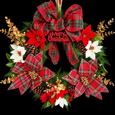 50cm Christmas Tartan, Gold And Red Door Wreath Tartan Poinsettia