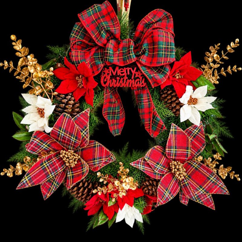 50cm Christmas Tartan, Gold And Red Door Wreath Tartan Poinsettia