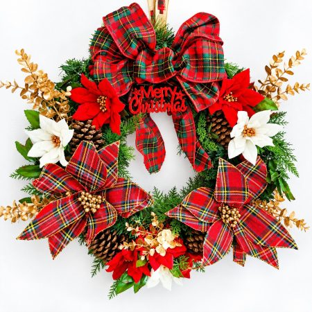 50cm Christmas Tartan, Gold And Red Door Wreath Tartan Poinsettia