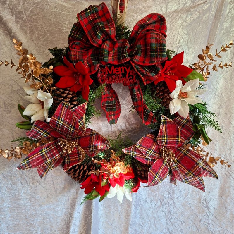 50cm Christmas Tartan, Gold And Red Door Wreath Tartan Poinsettia