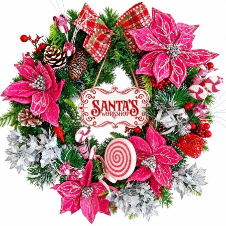 50cm Christmas Pink, Silver And Red Door Wreath with Pink Poinsettia