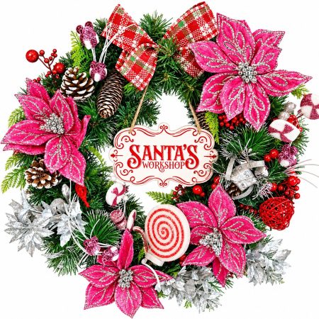 50cm Christmas Pink, Silver And Red Door Wreath with Pink Poinsettia