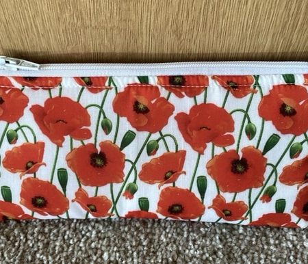 Small Lined Zipped White With Red Poppy, Fabric Jewellery Make Up Bag
