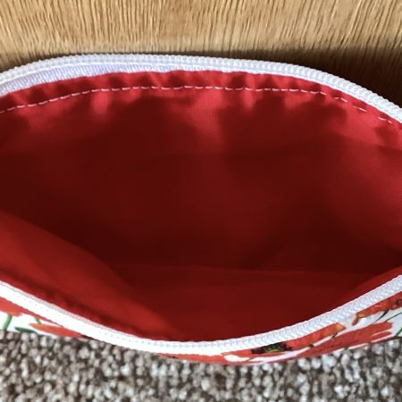 Small Lined Zipped White With Red Poppy, Fabric Jewellery Make Up Bag