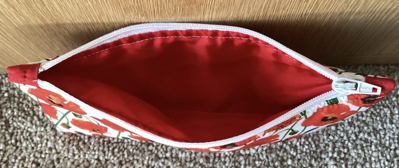 Small Lined Zipped White With Red Poppy, Fabric Jewellery Make Up Bag