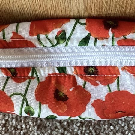 Small Lined Zipped White With Red Poppy, Fabric Jewellery Make Up Bag