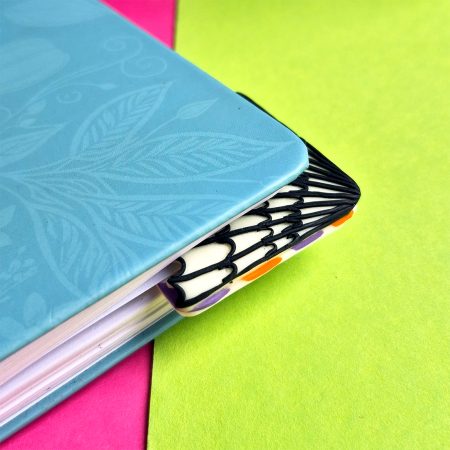 Polymer Clay Halloween Bookmark, Purple-Orange, Spiderweb Corner Bookmark