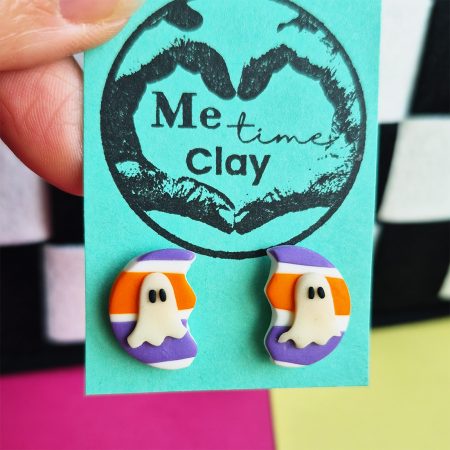 Halloween Stud Earrings, CUTE Ghost, Glow-in-the-dark Purple-Orange Stripy Design, Polymer Clay Handmade Earrings