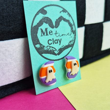 Halloween Stud Earrings, CUTE Ghost, Glow-in-the-dark Purple-Orange Stripy Design, Polymer Clay Handmade Earrings