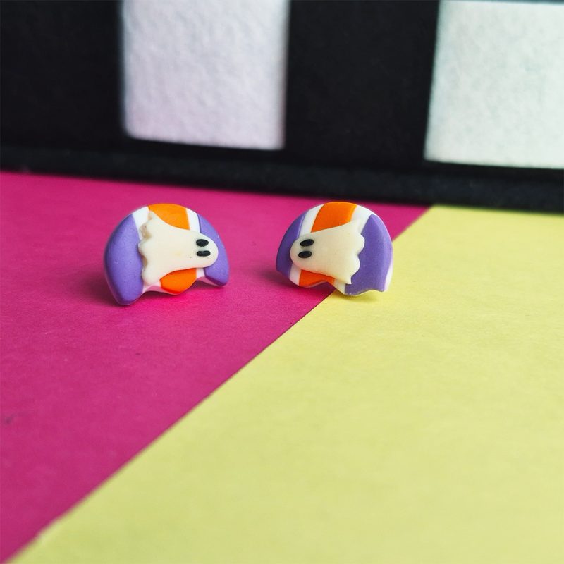 Halloween Stud Earrings, CUTE Ghost, Glow-in-the-dark Purple-Orange Stripy Design, Polymer Clay Handmade Earrings