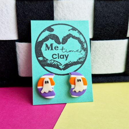 Halloween Stud Earrings, CUTE Ghost, Glow-in-the-dark Purple-Orange Stripy Design, Polymer Clay Handmade Earrings