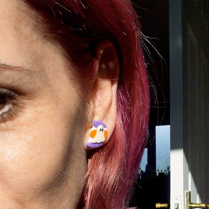 Halloween Stud Earrings, CUTE Ghost, Glow-in-the-dark Purple-Orange Stripy Design, Polymer Clay Handmade Earrings
