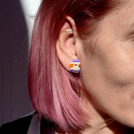 Halloween Stud Earrings, CUTE Ghost, Glow-in-the-dark Purple-Orange Stripy Design, Polymer Clay Handmade Earrings
