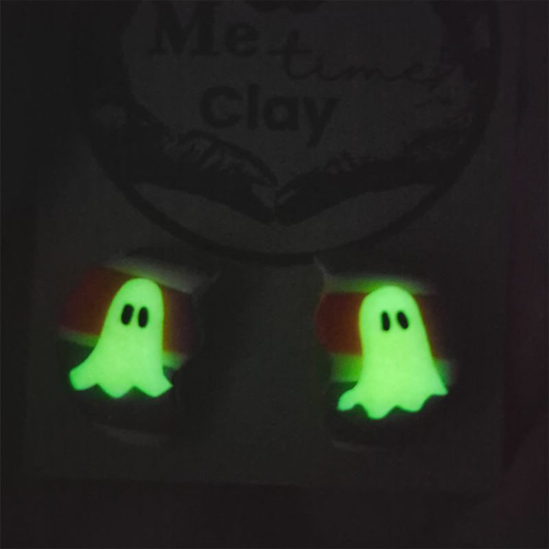 Halloween Stud Earrings, CUTE Ghost, Glow-in-the-dark Purple-Orange Stripy Design, Polymer Clay Handmade Earrings