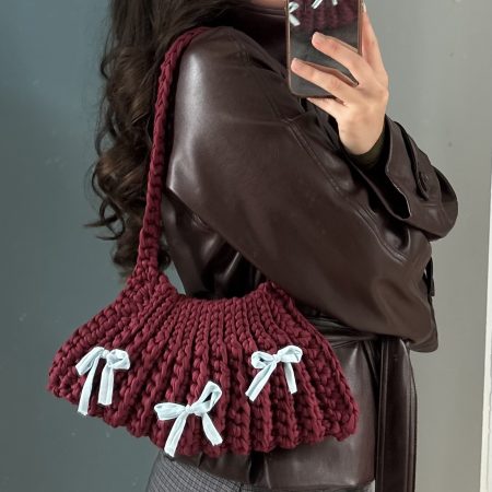 Burgundy Red Crochet Shoulder Handbag - with blue bows