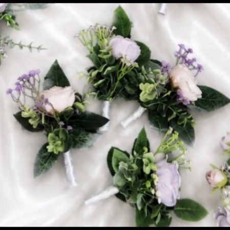 Wedding flower arrangements. All you need. Bride's bouquet, Groom's boutonniere, 4 Bridesmaid'sbouquets, 4 Groomsman boutonnieres, Flower basket & headpiece for Flower girl, "Something blue'. All handmade from artificial silk flowers.