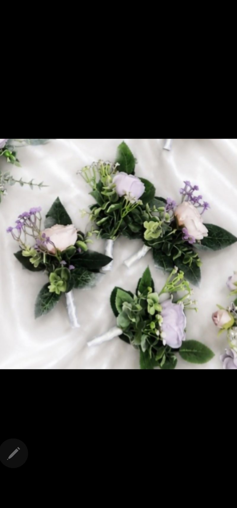 Wedding flower arrangements. All you need. Bride's bouquet, Groom's boutonniere, 4 Bridesmaid'sbouquets, 4 Groomsman boutonnieres, Flower basket & headpiece for Flower girl, "Something blue'. All handmade from artificial silk flowers.