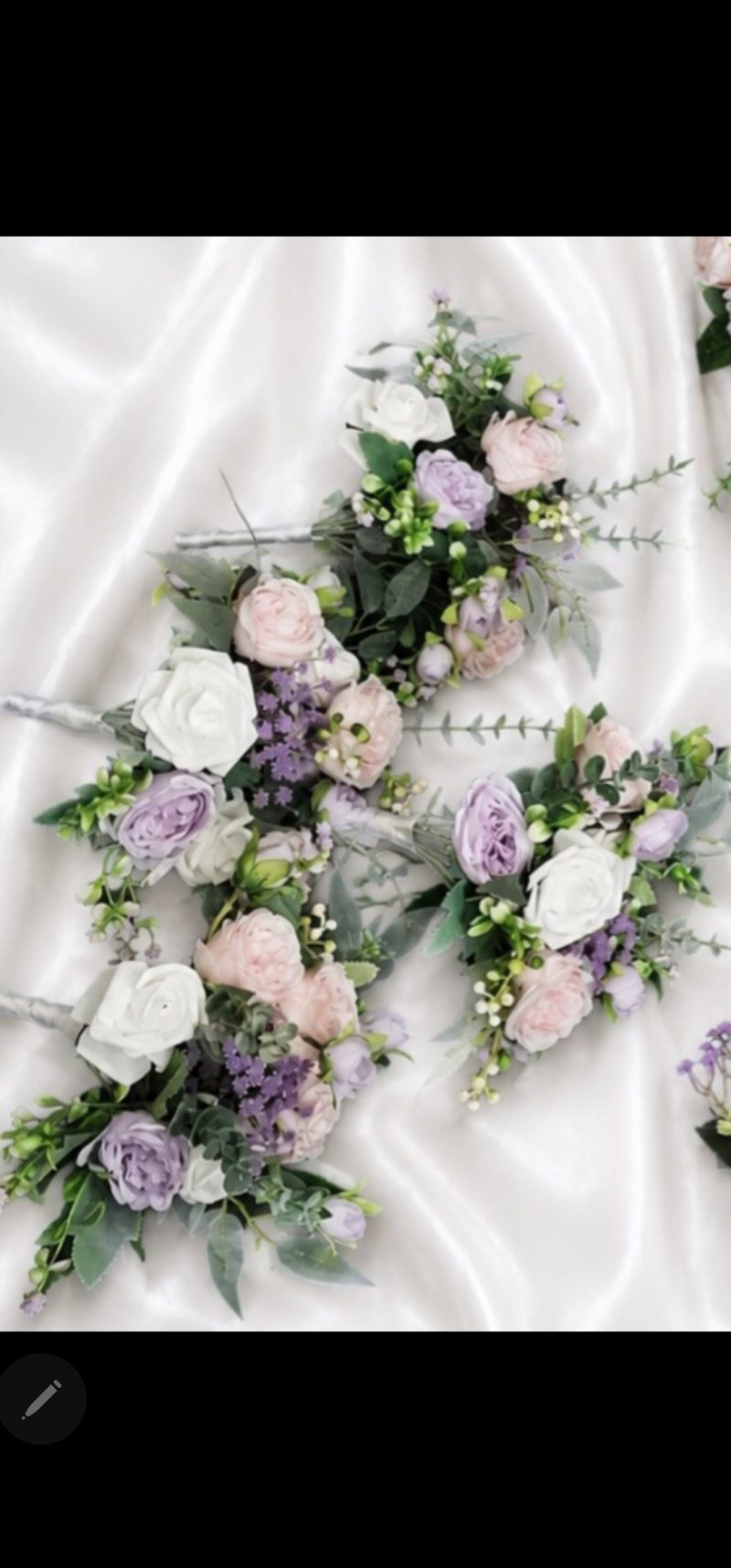 Wedding flower arrangements. All you need. Bride's bouquet, Groom's boutonniere, 4 Bridesmaid'sbouquets, 4 Groomsman boutonnieres, Flower basket & headpiece for Flower girl, "Something blue'. All handmade from artificial silk flowers.