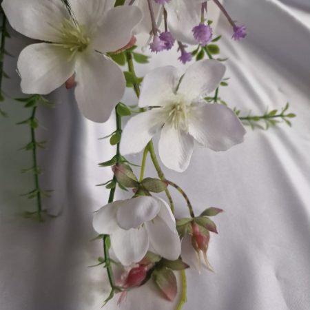 Wedding flower arrangements. All you need. Bride's bouquet, Groom's boutonniere, 4 Bridesmaid'sbouquets, 4 Groomsman boutonnieres, Flower basket & headpiece for Flower girl, "Something blue'. All handmade from artificial silk flowers.
