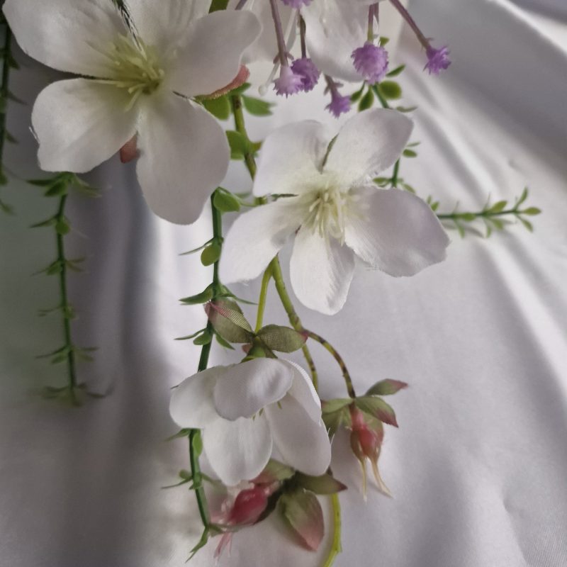 Wedding flower arrangements. All you need. Bride's bouquet, Groom's boutonniere, 4 Bridesmaid'sbouquets, 4 Groomsman boutonnieres, Flower basket & headpiece for Flower girl, "Something blue'. All handmade from artificial silk flowers.