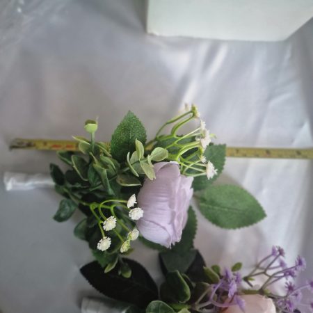 Wedding flower arrangements. All you need. Bride's bouquet, Groom's boutonniere, 4 Bridesmaid'sbouquets, 4 Groomsman boutonnieres, Flower basket & headpiece for Flower girl, "Something blue'. All handmade from artificial silk flowers.