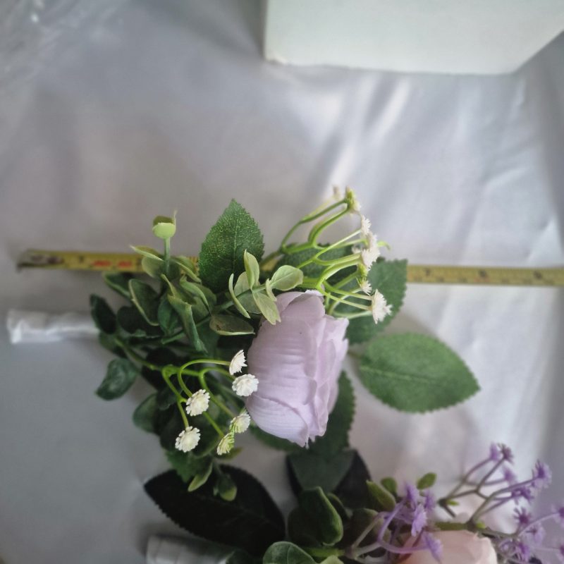 Wedding flower arrangements. All you need. Bride's bouquet, Groom's boutonniere, 4 Bridesmaid'sbouquets, 4 Groomsman boutonnieres, Flower basket & headpiece for Flower girl, "Something blue'. All handmade from artificial silk flowers.