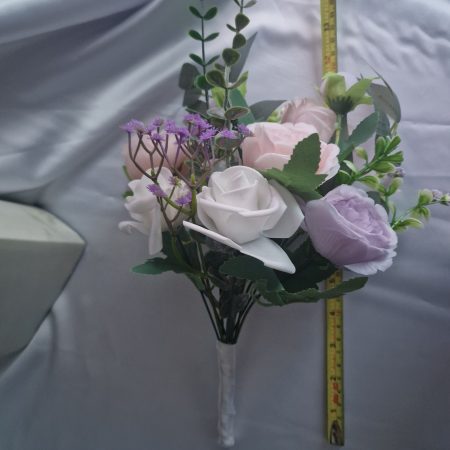 Wedding flower arrangements. All you need. Bride's bouquet, Groom's boutonniere, 4 Bridesmaid'sbouquets, 4 Groomsman boutonnieres, Flower basket & headpiece for Flower girl, "Something blue'. All handmade from artificial silk flowers.