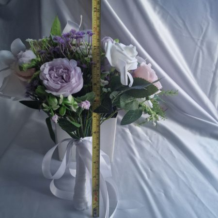 Wedding flower arrangements. All you need. Bride's bouquet, Groom's boutonniere, 4 Bridesmaid'sbouquets, 4 Groomsman boutonnieres, Flower basket & headpiece for Flower girl, "Something blue'. All handmade from artificial silk flowers.