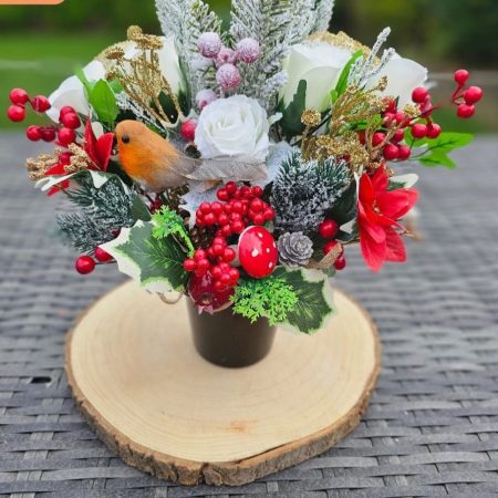 Poinsettia and Robin Christmas Grave Pot Memorial Winter Cemetery Pot