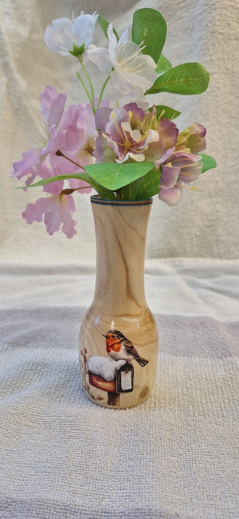 Turned wooden posey vase with British birds
