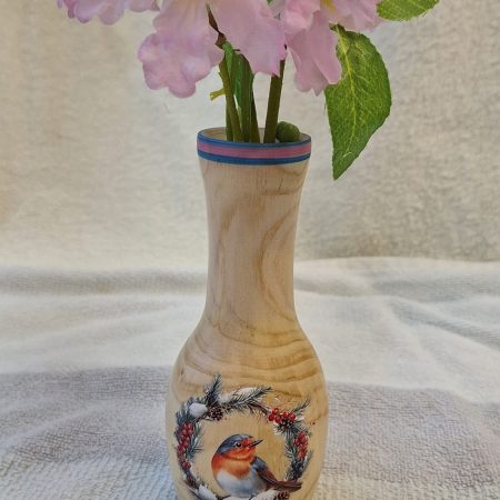 Turned wooden posey vase with British birds