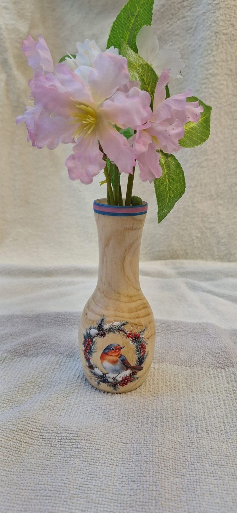 Turned wooden posey vase with British birds