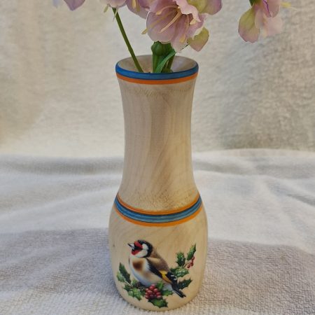 Turned wooden posey vase with British birds