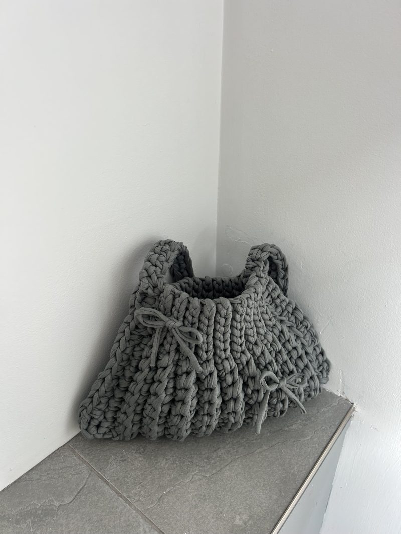 Ash Grey Crochet Shoulder Handbag with bows