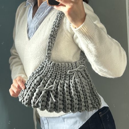 Ash Grey Crochet Shoulder Handbag with bows