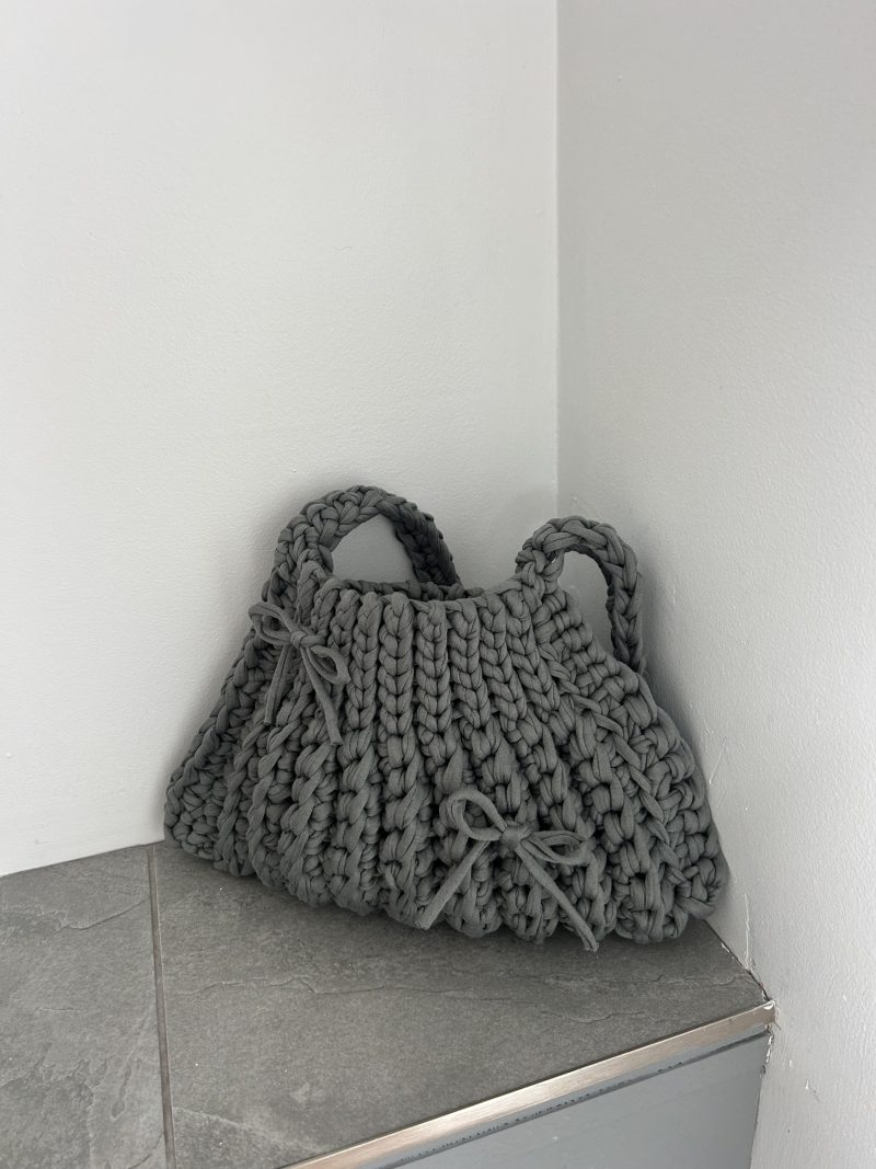 Ash Grey Crochet Shoulder Handbag with bows
