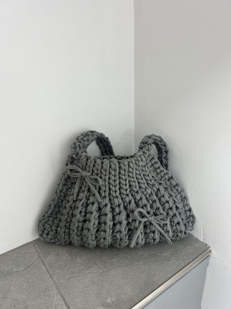Ash Grey Crochet Shoulder Handbag with bows