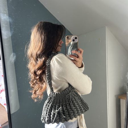 Ash Grey Crochet Shoulder Handbag with bows