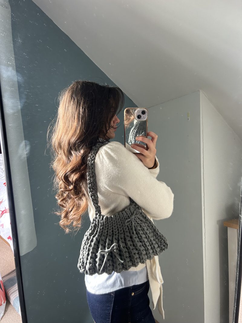 Ash Grey Crochet Shoulder Handbag with bows