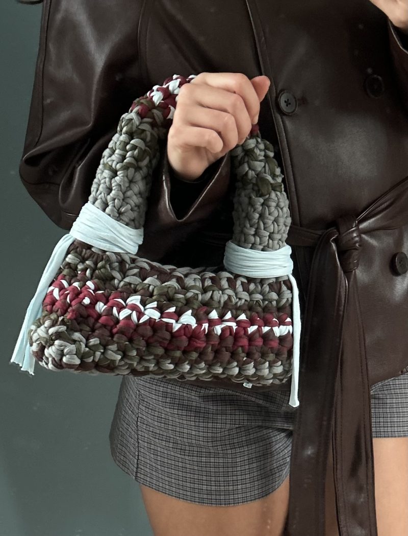 Crochet Bubble Handbag - Handmade T-Shirt Yarn Bag in Grey, Burgundy, Olive, Grey & Pale Blue