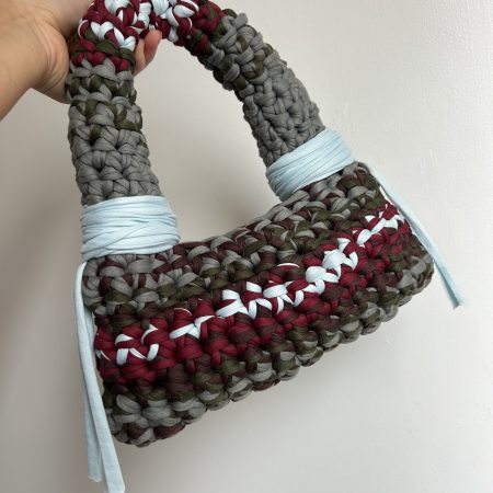 Crochet Bubble Handbag - Handmade T-Shirt Yarn Bag in Grey, Burgundy, Olive, Grey & Pale Blue
