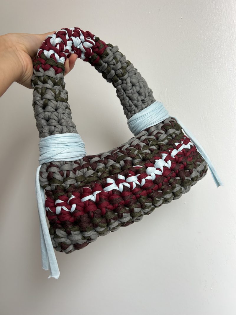 Crochet Bubble Handbag - Handmade T-Shirt Yarn Bag in Grey, Burgundy, Olive, Grey & Pale Blue