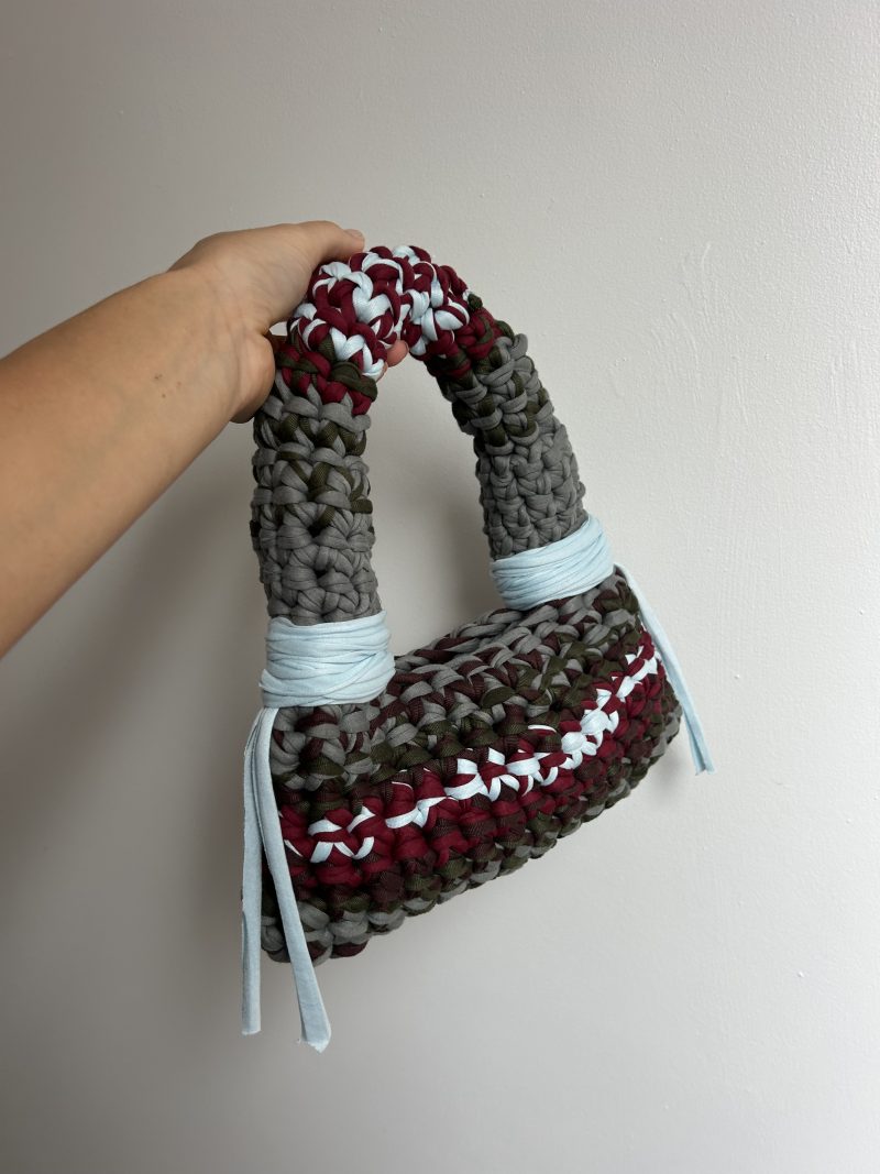 Crochet Bubble Handbag - Handmade T-Shirt Yarn Bag in Grey, Burgundy, Olive, Grey & Pale Blue