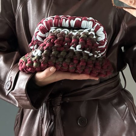Chunky Crochet Clutch Bag – Handmade T-Shirt Yarn Pouch in Burgundy, Olive, Brown & Pale Blue