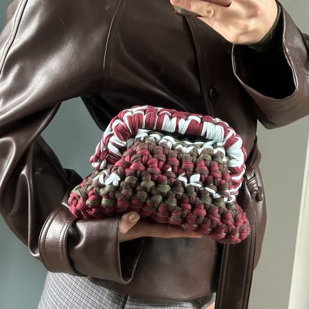 Chunky Crochet Clutch Bag – Handmade T-Shirt Yarn Pouch in Burgundy, Olive, Brown & Pale Blue